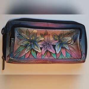 Anuschka Hand-Painted Floral Leather Wristlet in Blue, Pink, Green